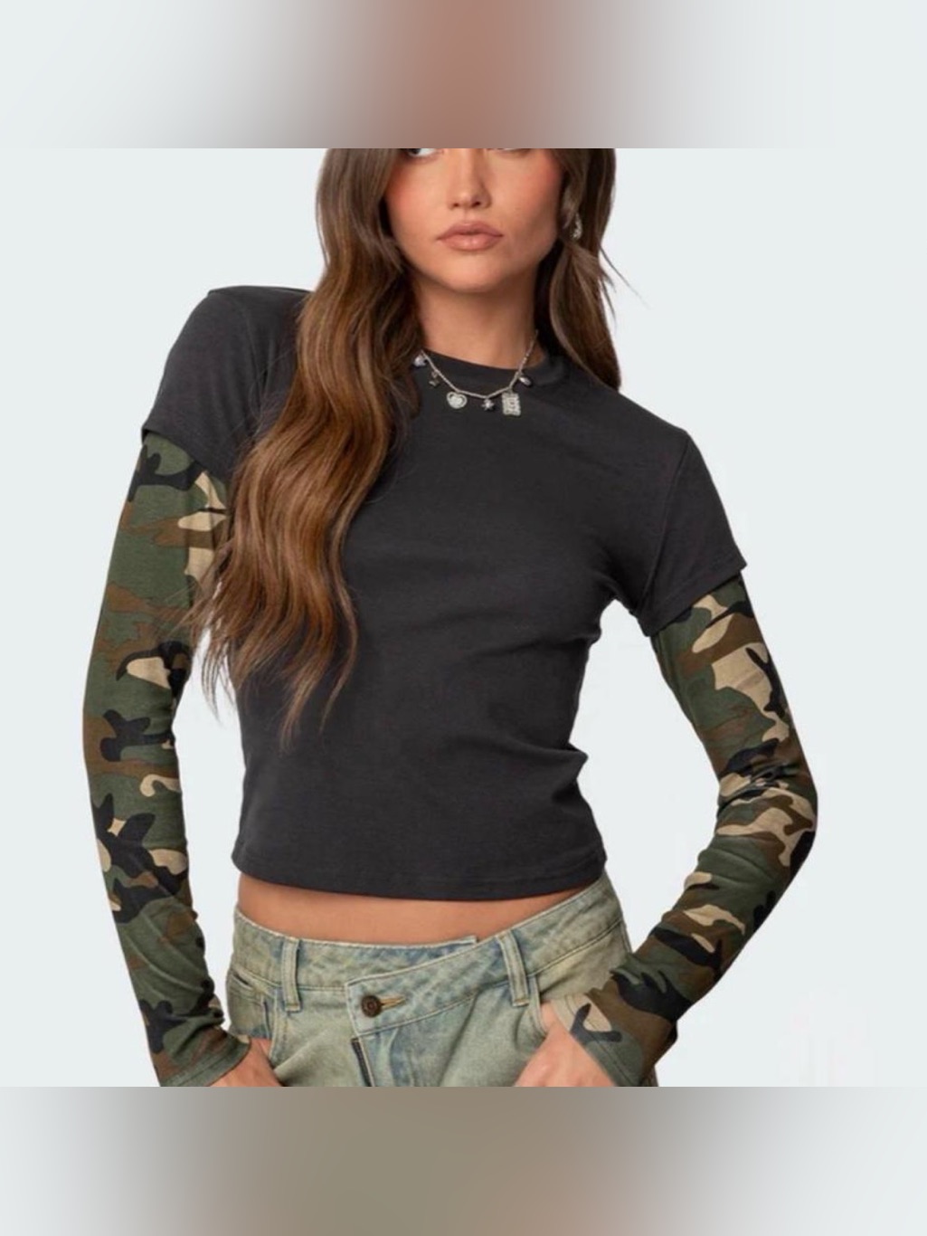 Edikted Camo And Black Layered Long Sleeve T Shirt Size M
